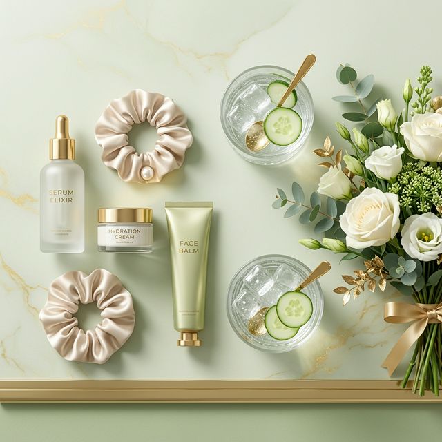 Flat lay photography of premium beauty serums, fresh cucumber water, and floral accents on a minimalist background