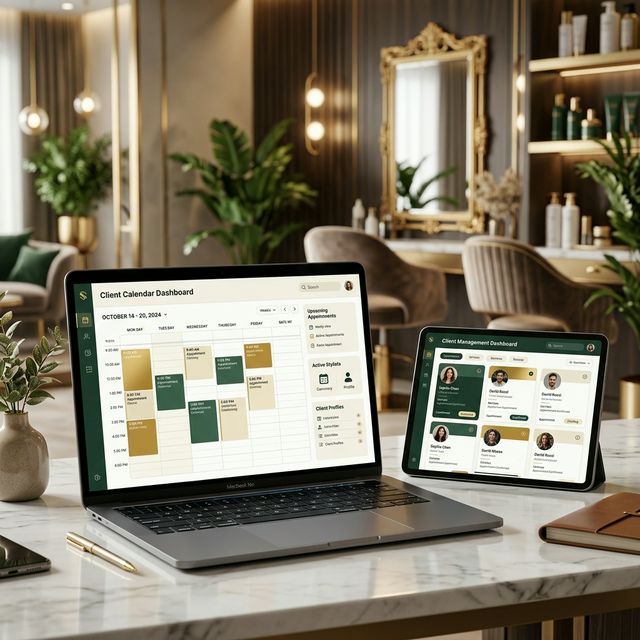 A laptop and tablet showing a salon CRM interface